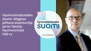 Jarno Talvitien kasvokuva ja Hyvinvointialueiden Suomi -logo