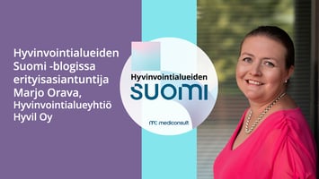 Marjo Oravan kuva ja Hyvinvointialueiden Suomi -logo