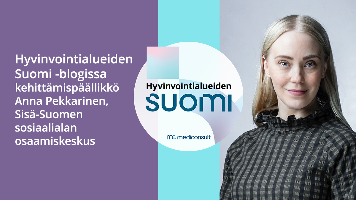 Anna Pekkarisen kasvokuva ja Hyvinvointialueiden Suomi -logo