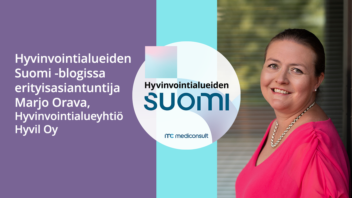 Marjo Oravan kuva ja Hyvinvointialueiden Suomi -logo