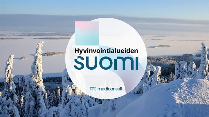 Hyvinvointialueiden Suomi -webinaarin logo talvisella taustalla