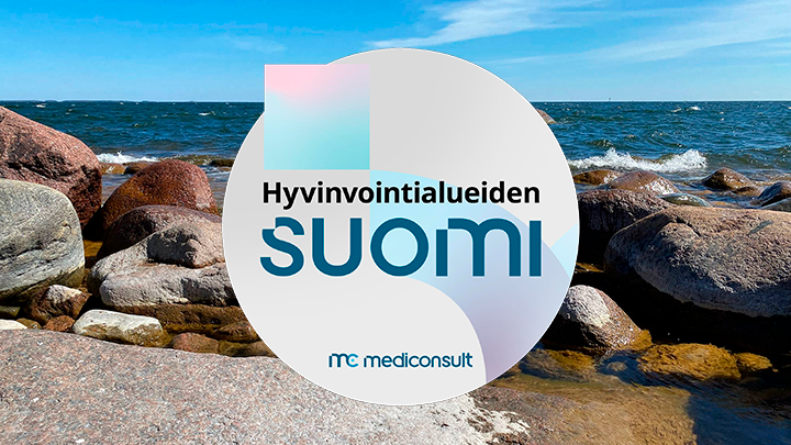 Hyvinvointialueiden Suomi -webinaarin logo, taustalla kallioinen merenranta