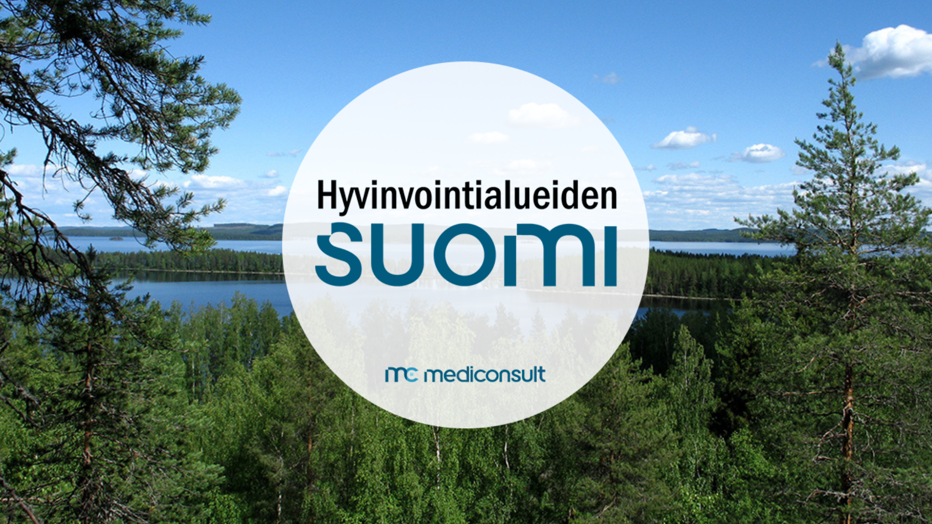 Hyvinvointialueiden Suomi -teksti järvimaiseman päällä